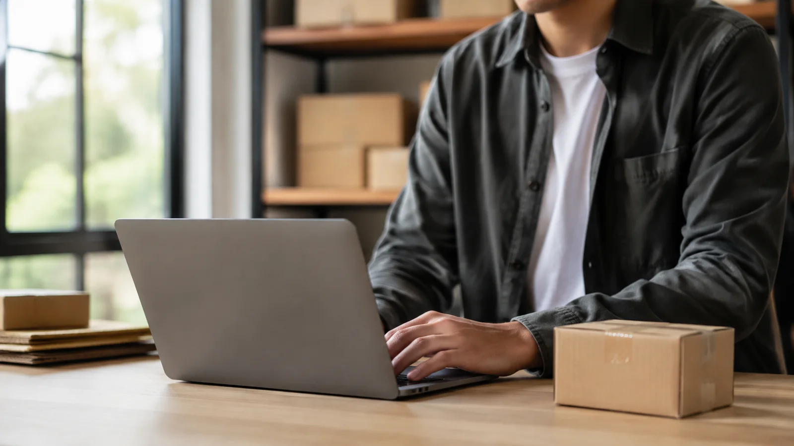 A seller working at a laptop beside an unbranded parcel at a packing desk.