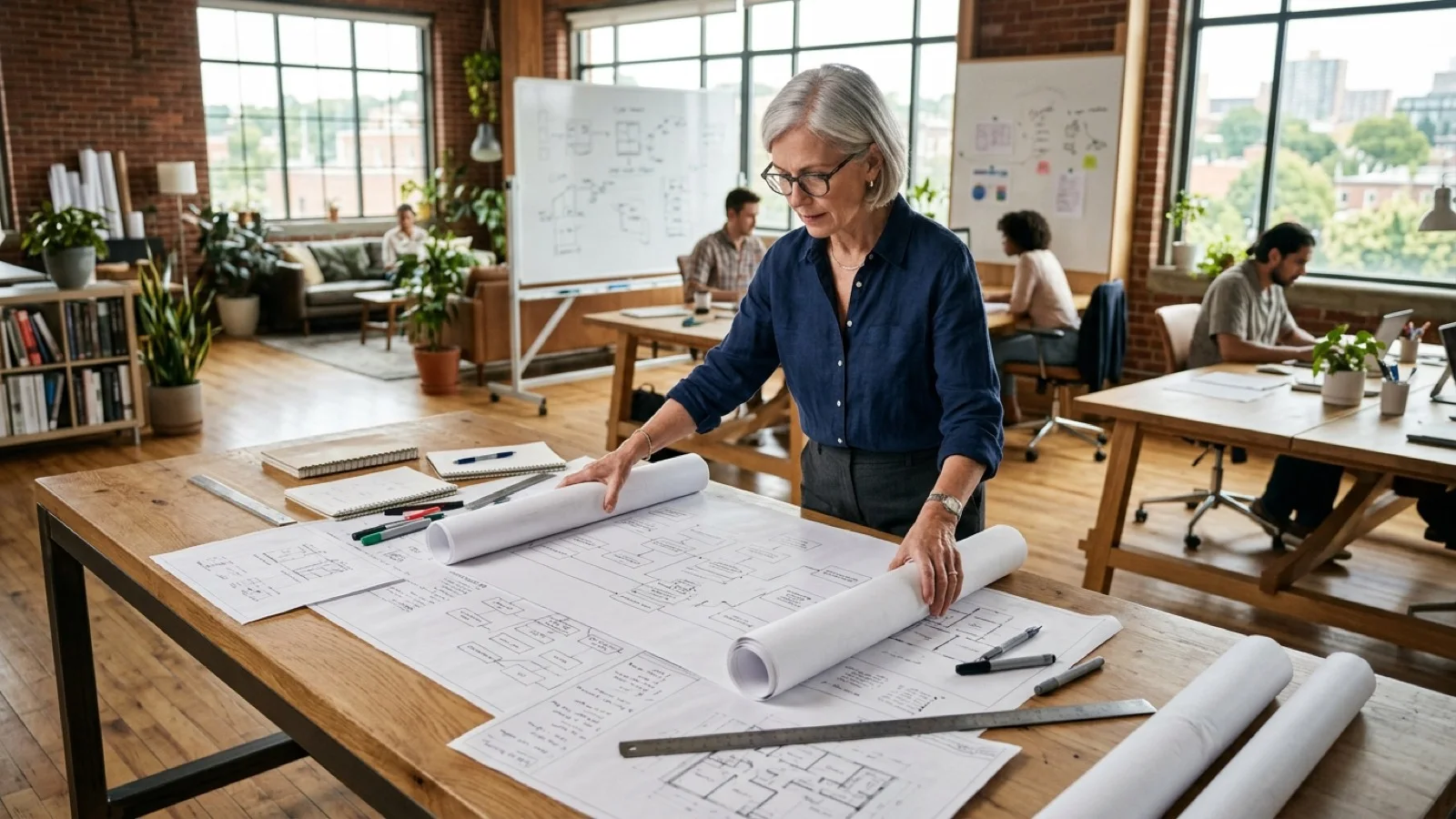A senior digital strategist and designer analyzing user persona journey maps in a daylight studio setting.