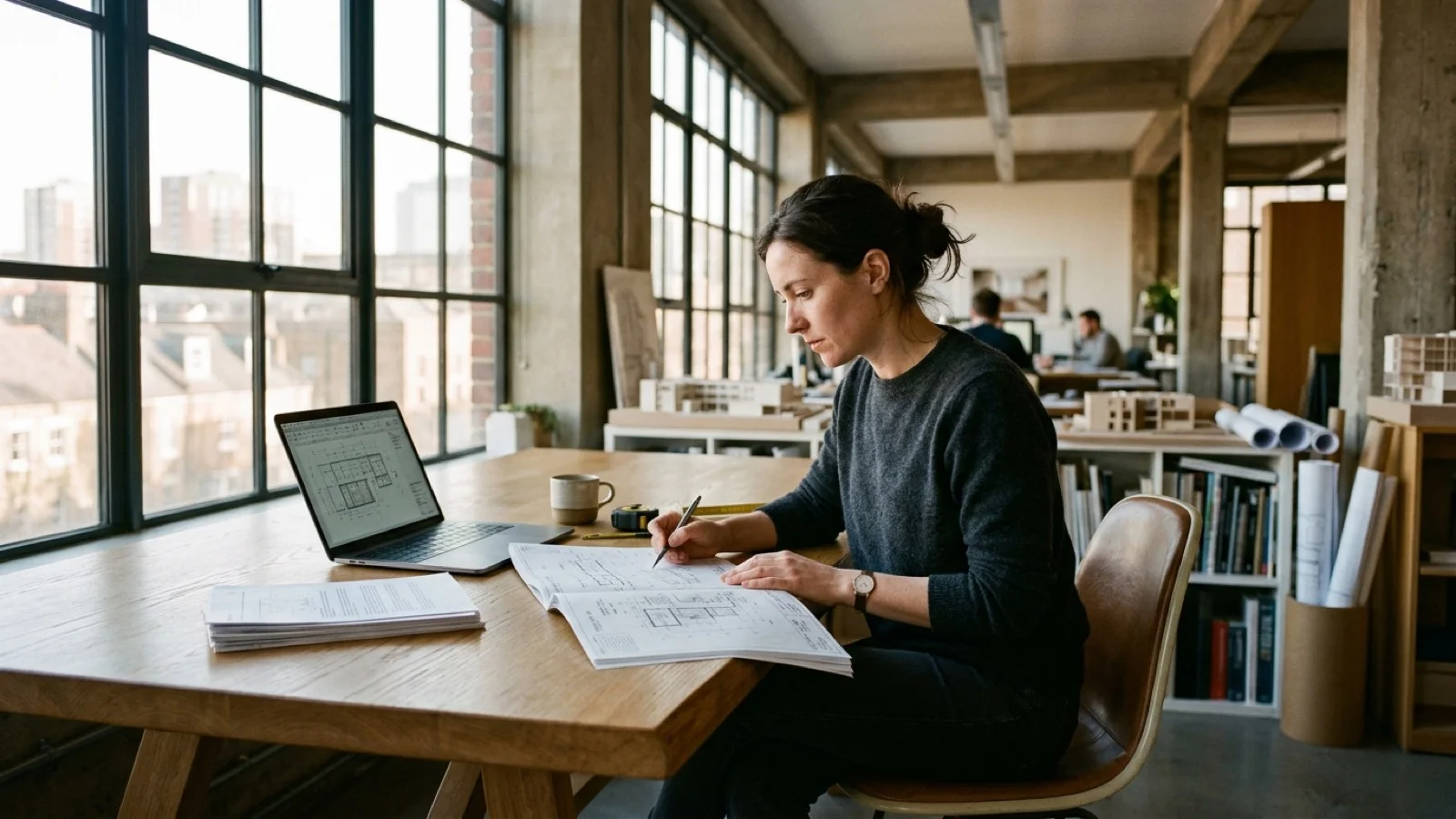 An analyst in a sunlit architectural studio examining cross-reference documentation beside a laptop.