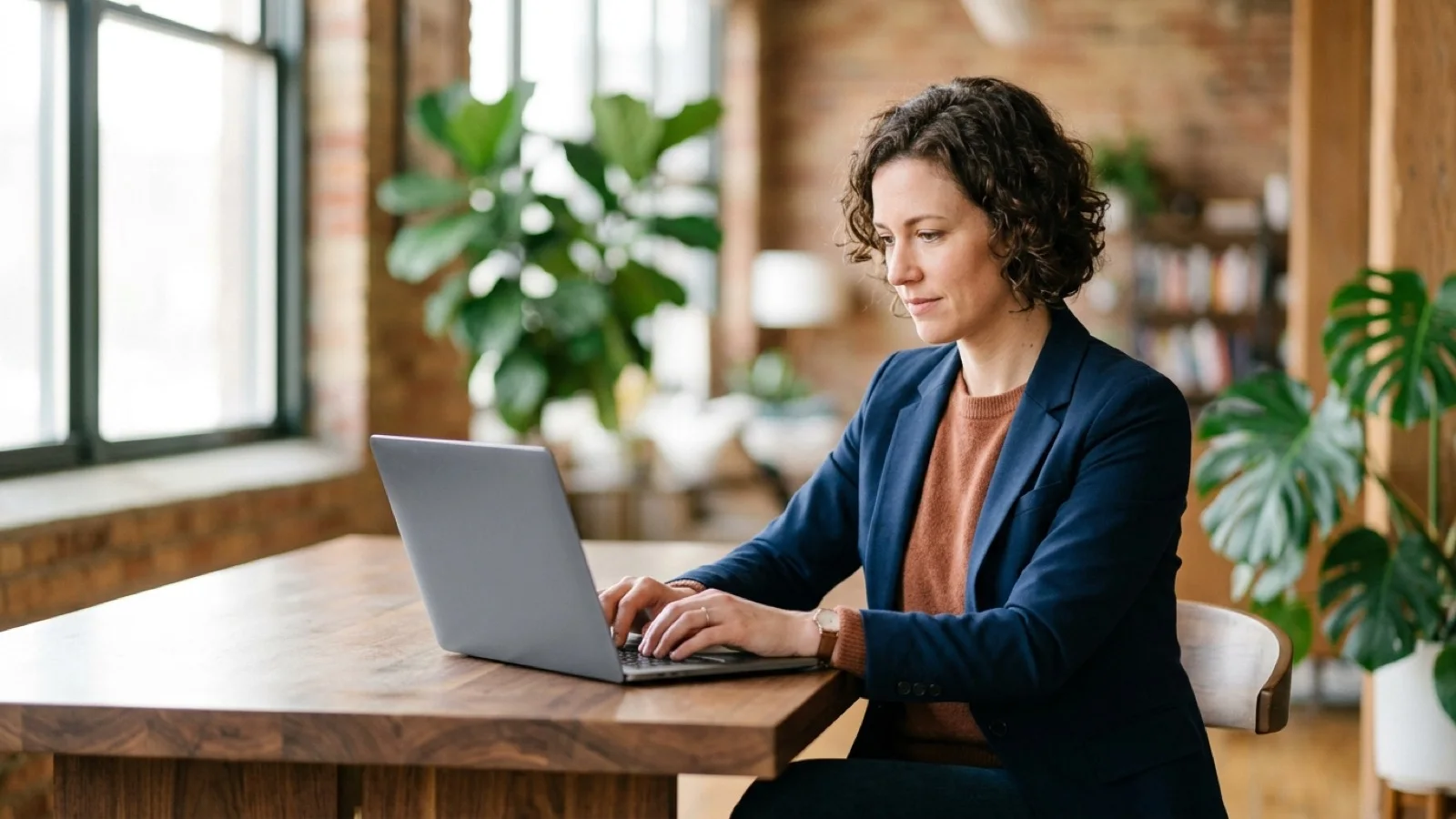 Editorial portrait of a communications professional drafting an outreach letter in a sunlit shared workspace.