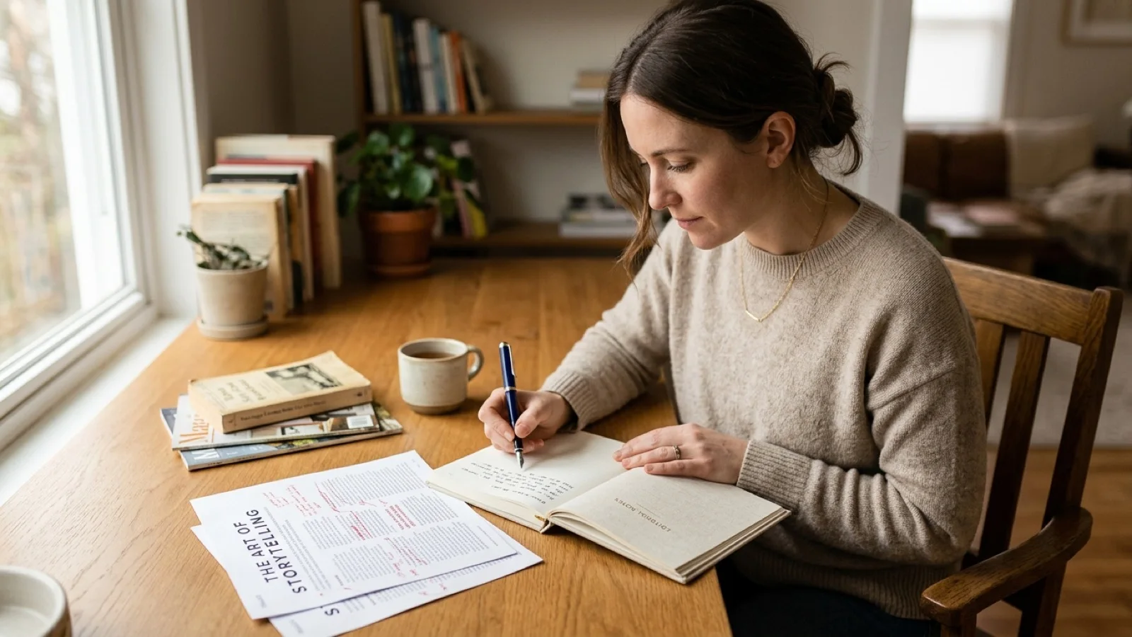 An editorial strategist thoughtfully reviewing physical editorial proofs and reference notes.