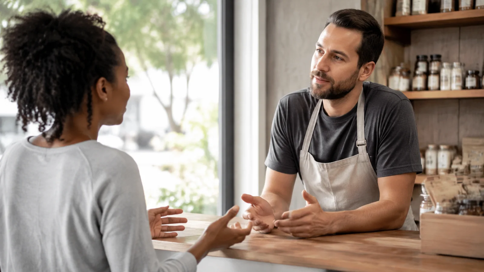 A shop owner listening to a customer during a calm conversation across a counter.