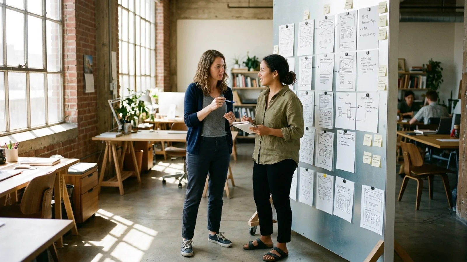 Two digital architects discussing layout sketches pinned to a magnetic studio wall with natural window lighting.