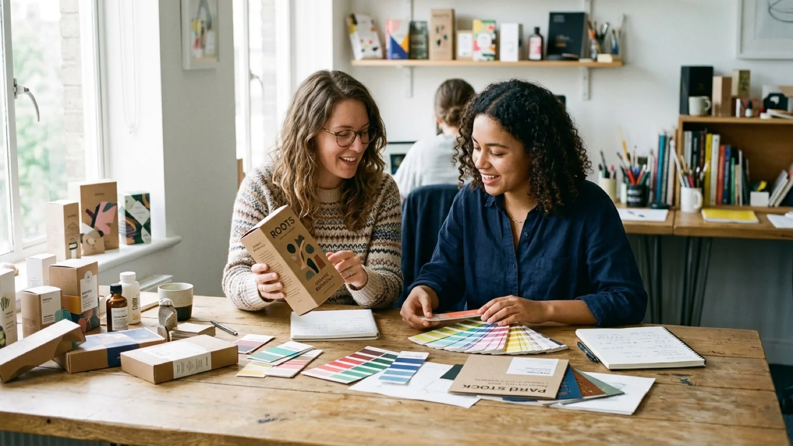 Two nonprofit program leaders in a daylight studio reviewing mission objectives and outreach documents across a clean table.