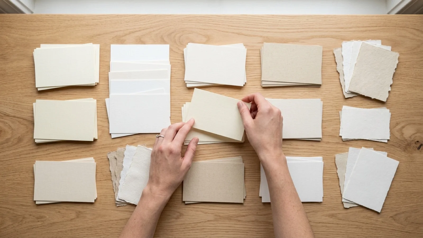 Hands cross-referencing physical business address cards against an open ledger and an address stamp on an oak desk.