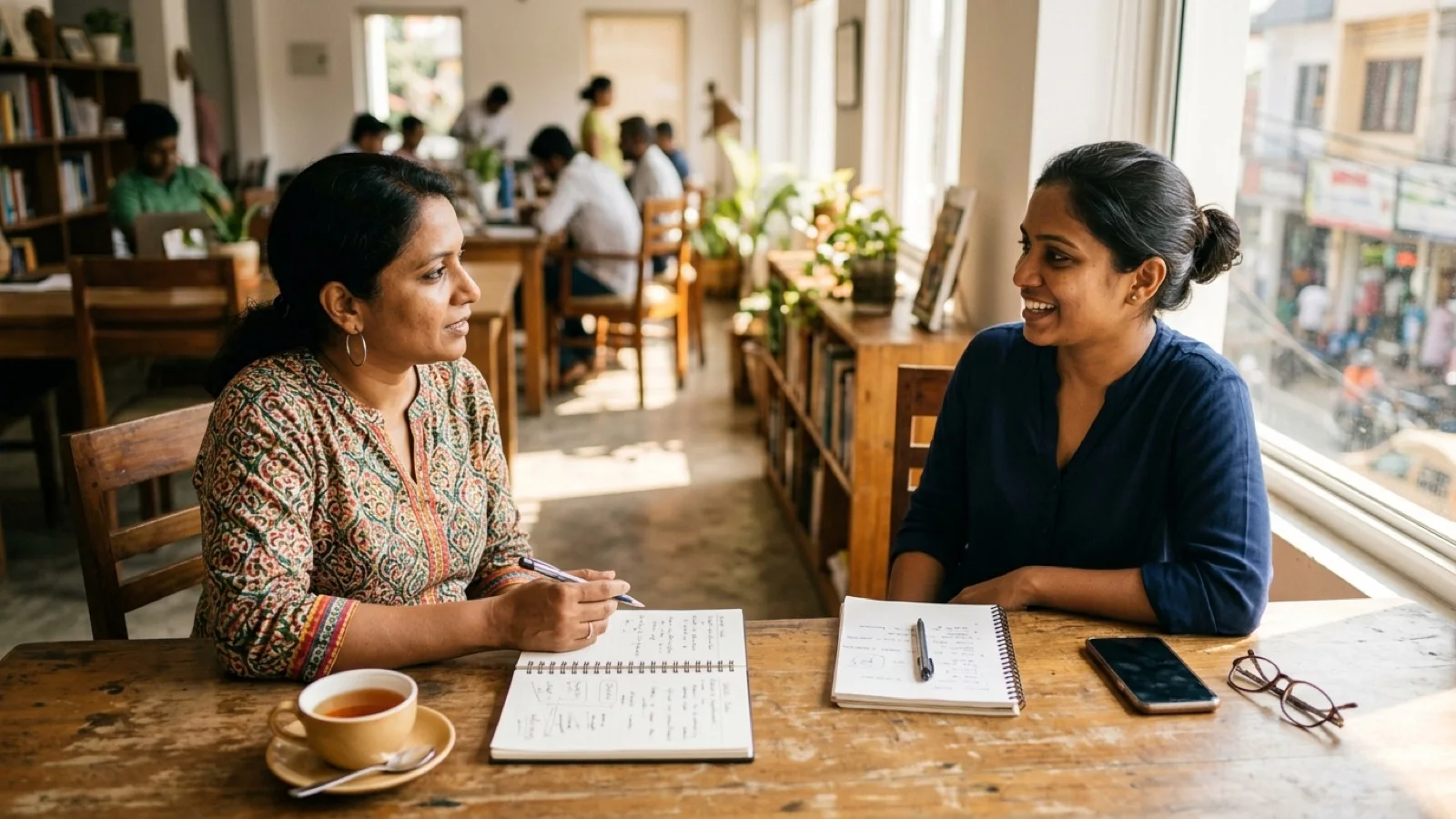 A regional marketing consultant having an engaging consultation with a local business proprietor in an open sunlit office.