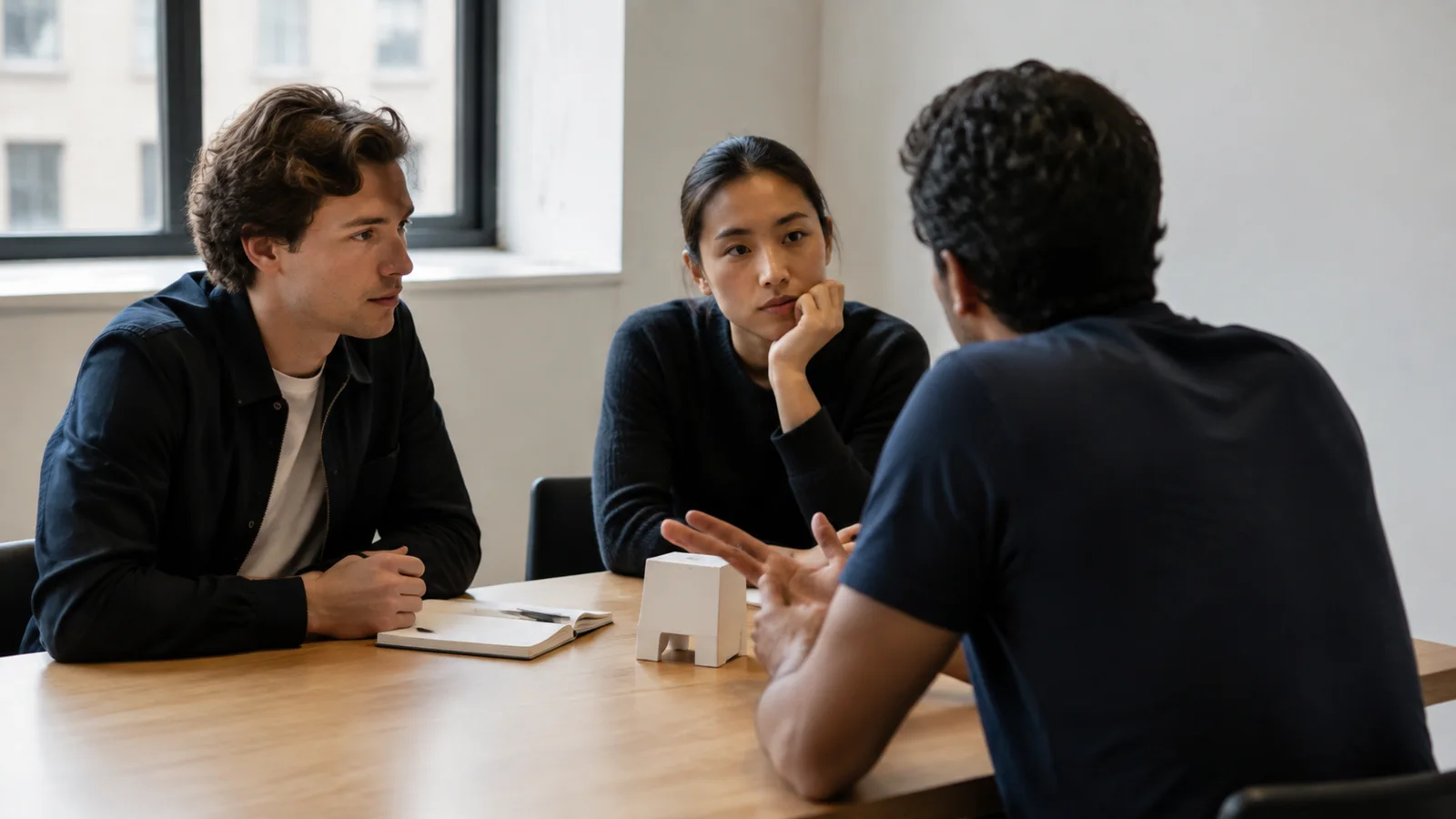 Two founders listening to a prospective customer beside a simple prototype and notebook.