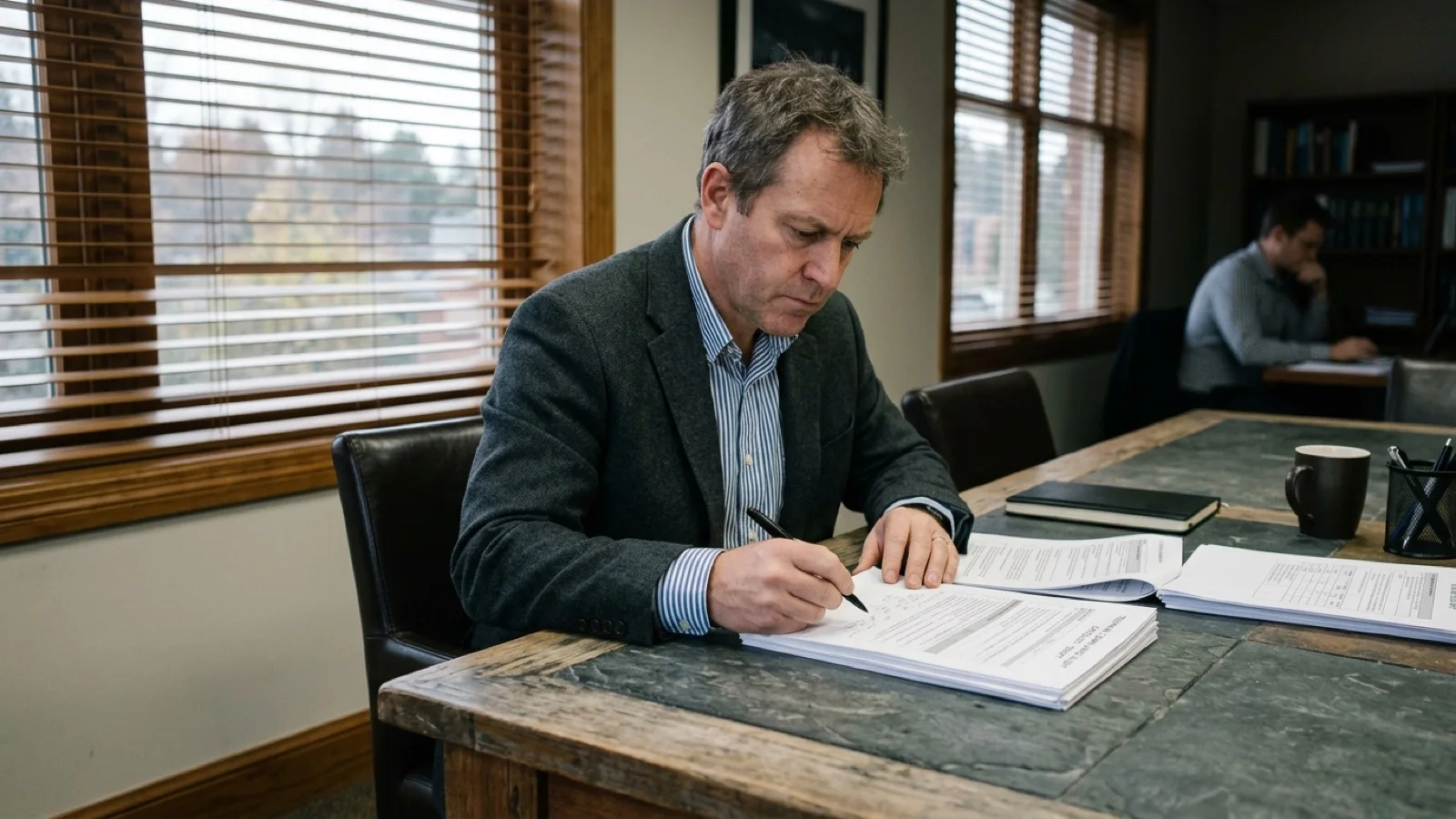 A security analyst reviewing system logs and infrastructure compliance documentation in a quiet conference room.