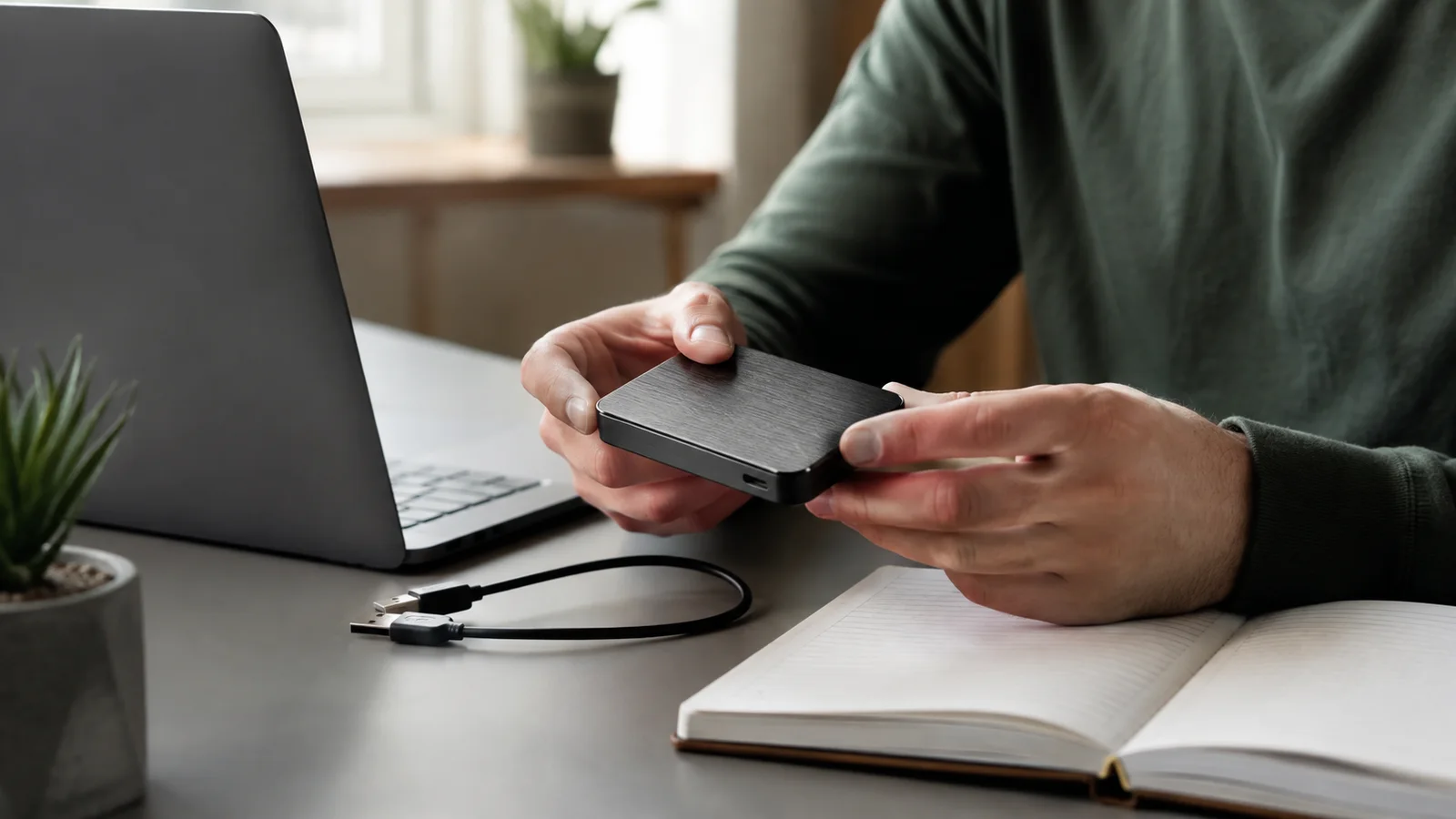 Close-up of a technician's hands inspecting hardware diagnostics and external drive storage on an uncluttered studio desk.
