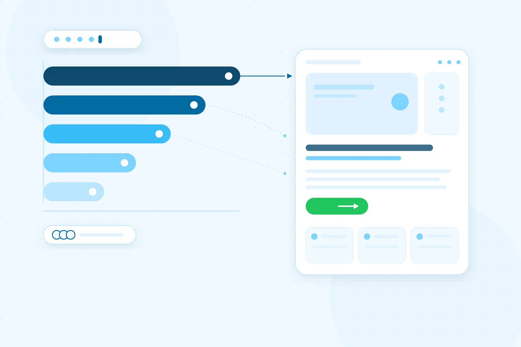 Illustration of layered auction bid bars feeding a winning search result into a landing page card with an enquiry button
