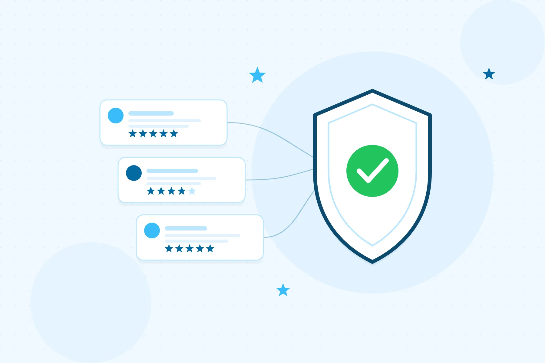 Illustration of stacked review cards with abstract star shapes beside a trust shield
