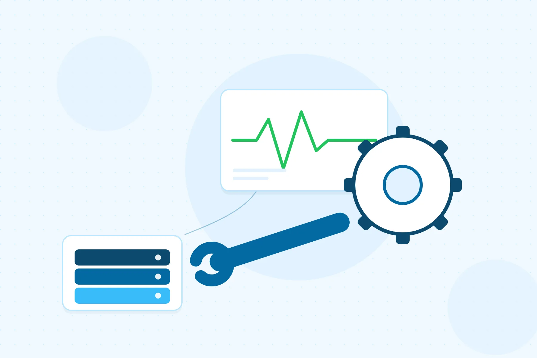 Illustration of a gear and wrench with an uptime pulse card and a backup stack